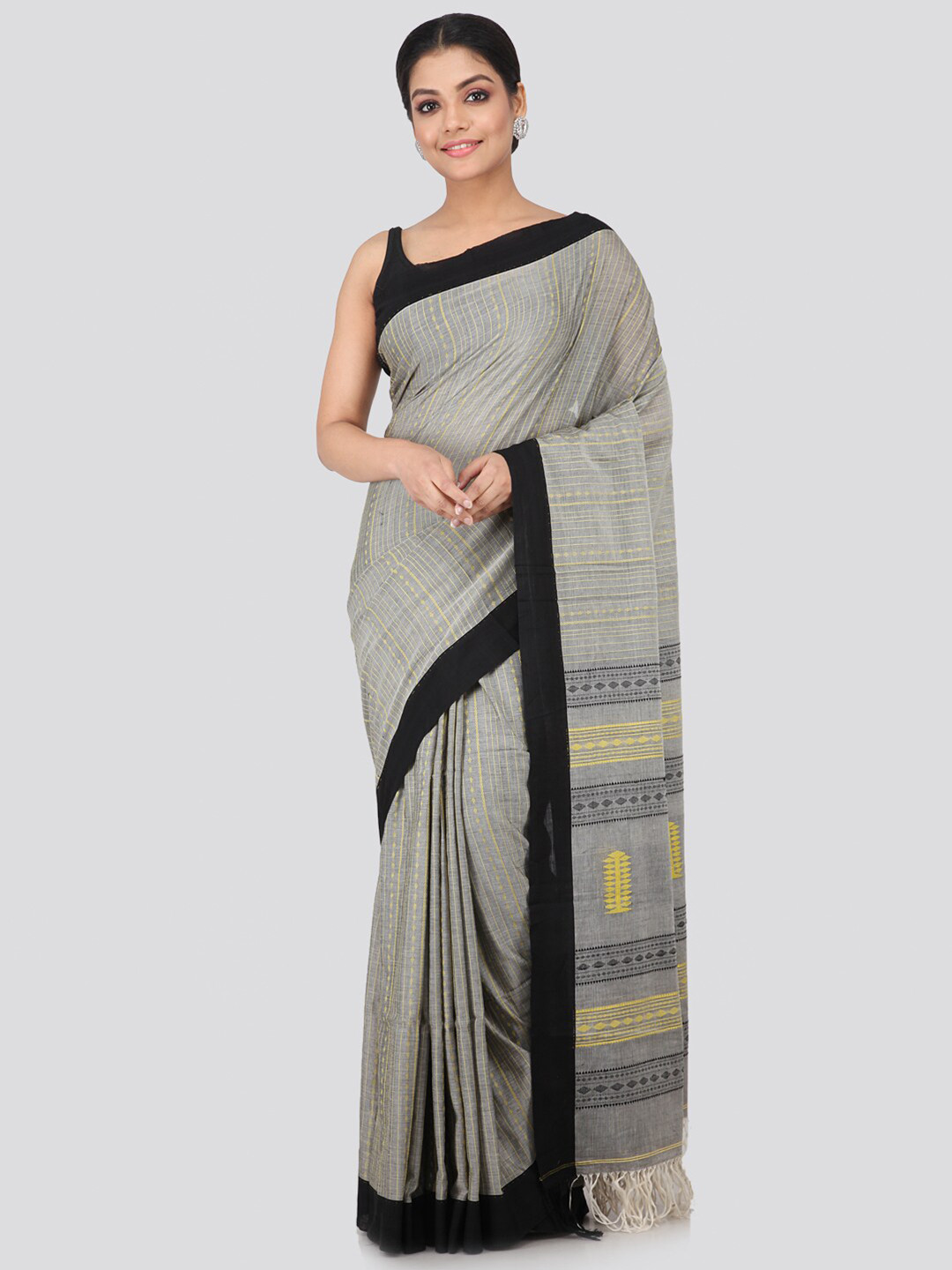 

PinkLoom Grey & Black Ethnic Motifs Pure Cotton Handloom Sustainable Saree