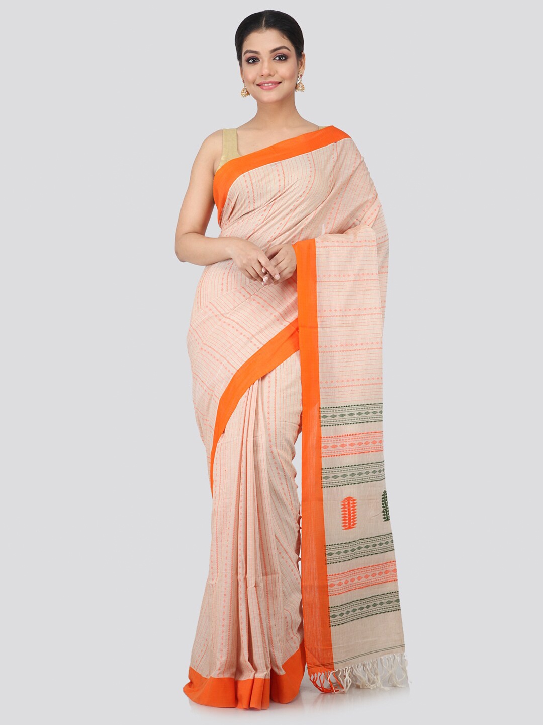 

PinkLoom Women Beige & Orange Pure Cotton Woven Striped Sustainable Saree