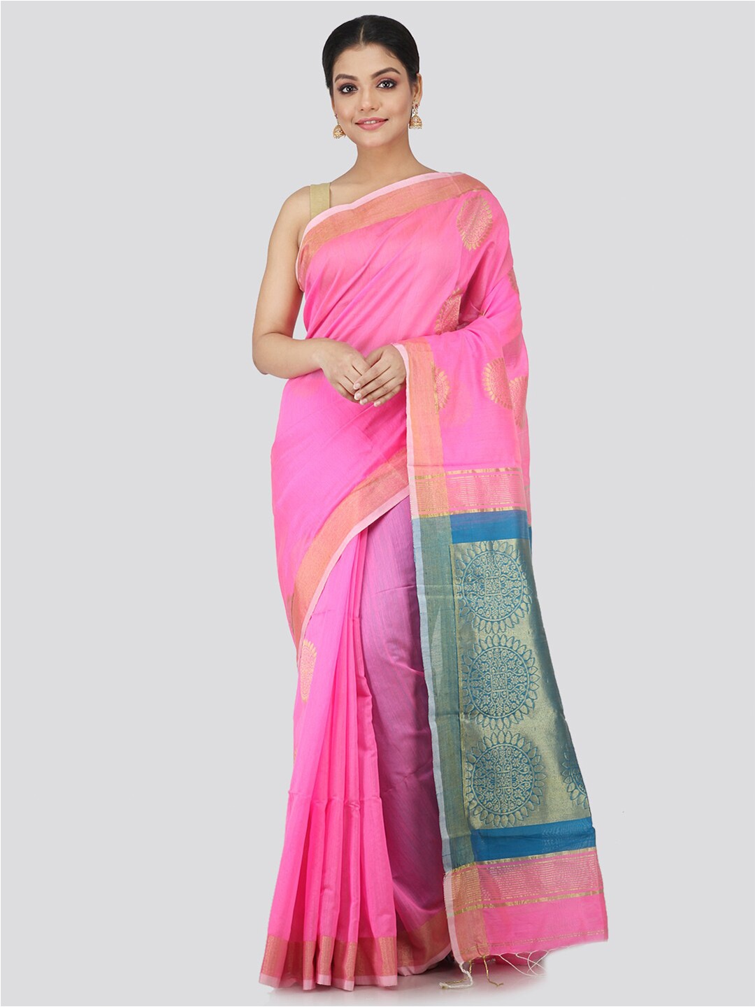 

PinkLoom Pink & Gold-Coloured Ethnic Motifs Zari Handloom Saree