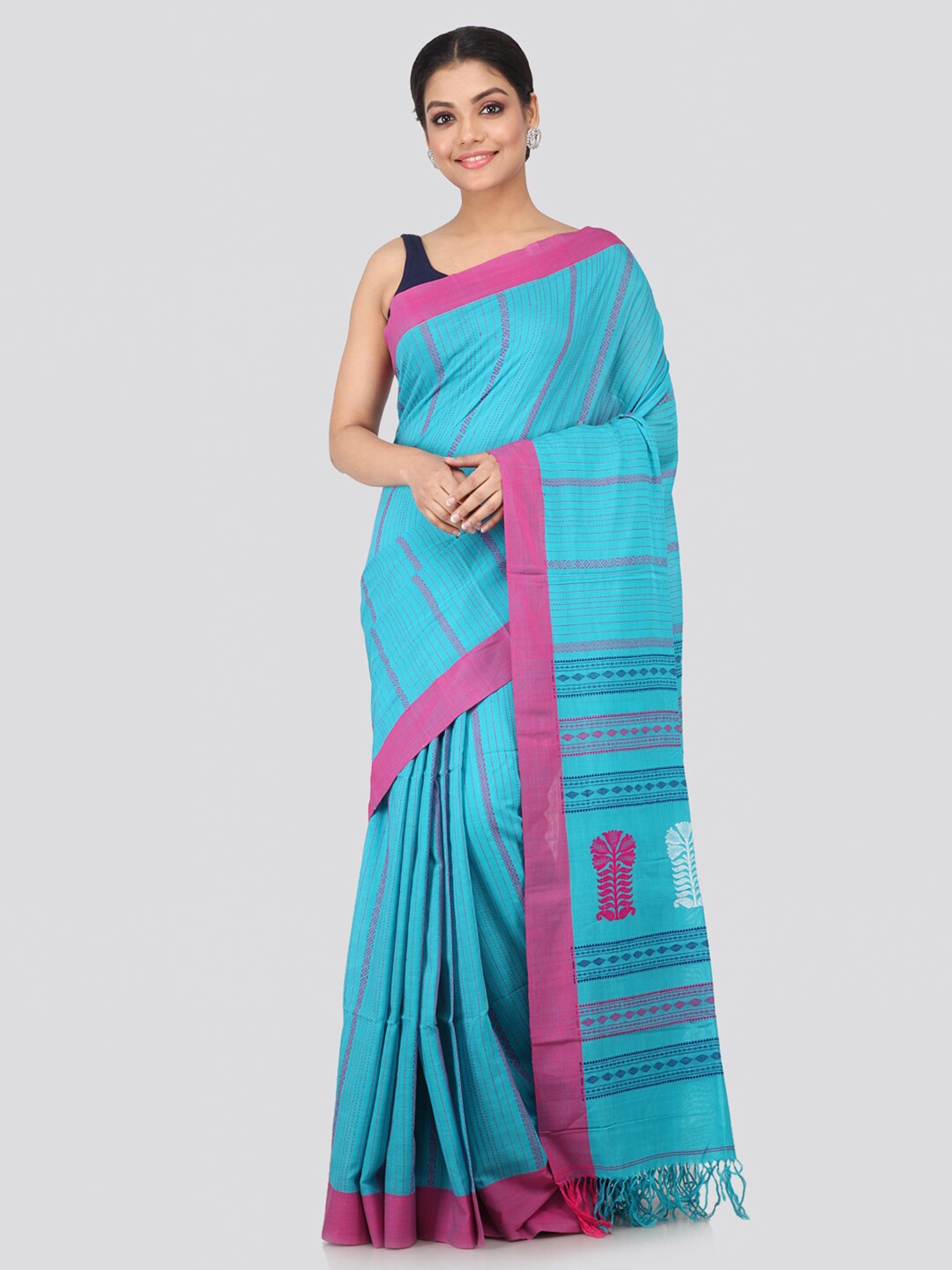 

PinkLoom Blue & Pink Striped Handloom Pure Cotton Sustainable Saree