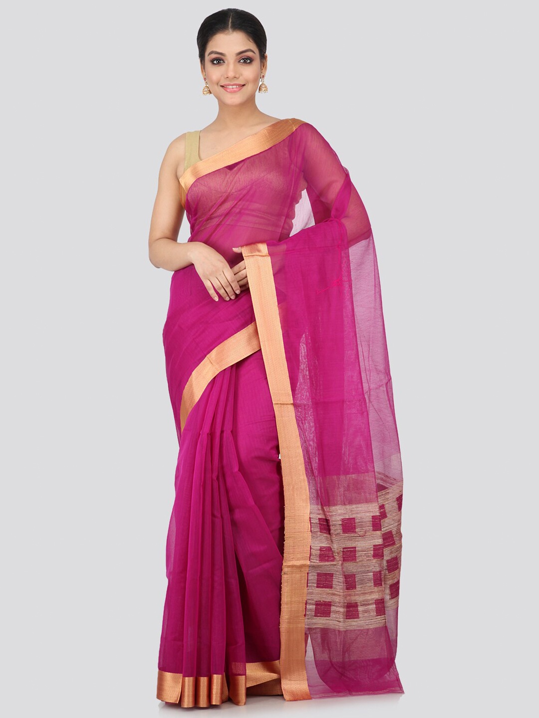 

PinkLoom Magenta & Gold-Coloured Handloom Chanderi Sustainable Saree