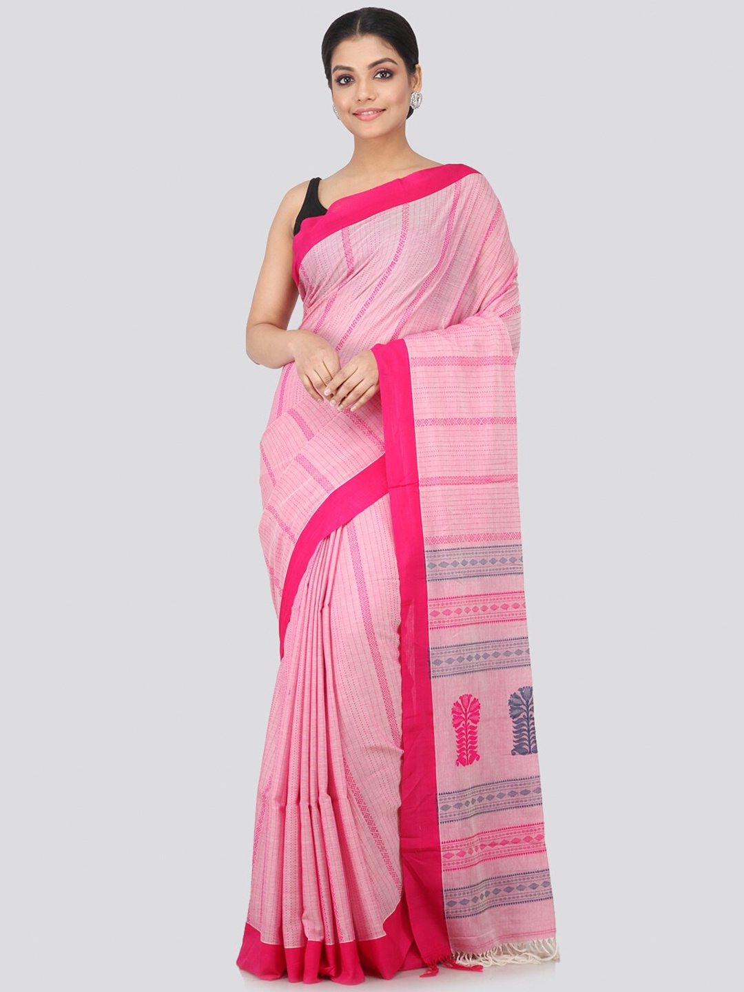 

PinkLoom Pink & Blue Ethnic Motifs Pure Cotton Handloom Saree