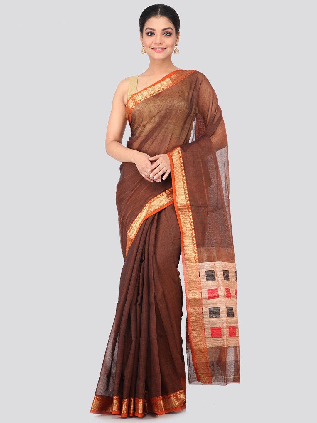 

PinkLoom Brown Woven Design Zari Chanderi Handloom Saree