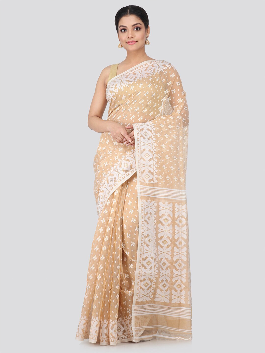 

PinkLoom Women Beige & White Pure Cotton Woven Designed Jamdani Sustainable Saree