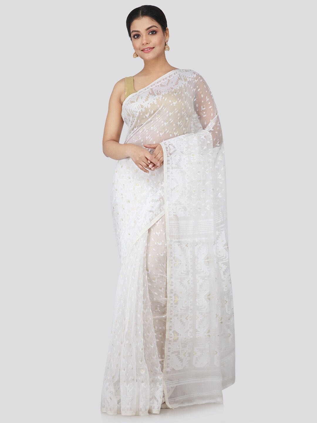 

PinkLoom White Paisley Pure Cotton Jamdani Saree