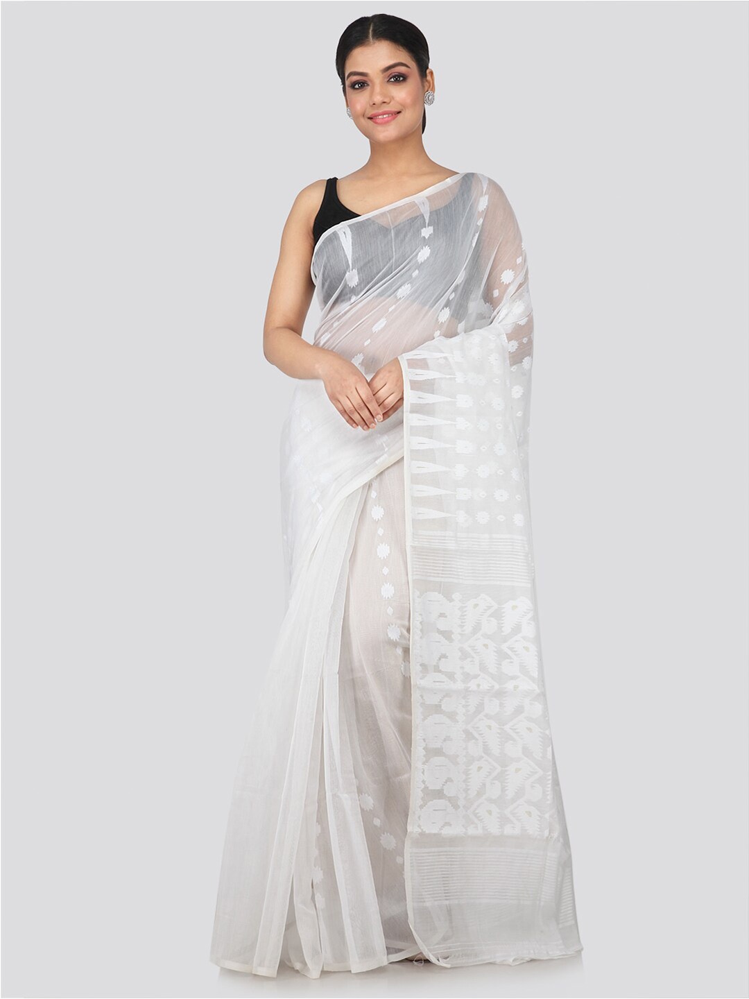 

PinkLoom White Ethnic Motifs Silk Cotton Jamdani Sustainable Saree
