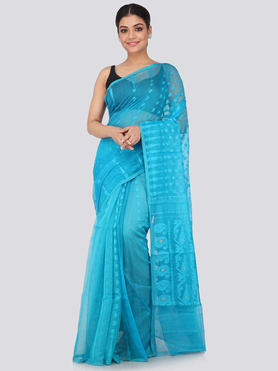 

PinkLoom Blue Ethnic Motifs Silk Cotton Jamdani Sustainable Saree