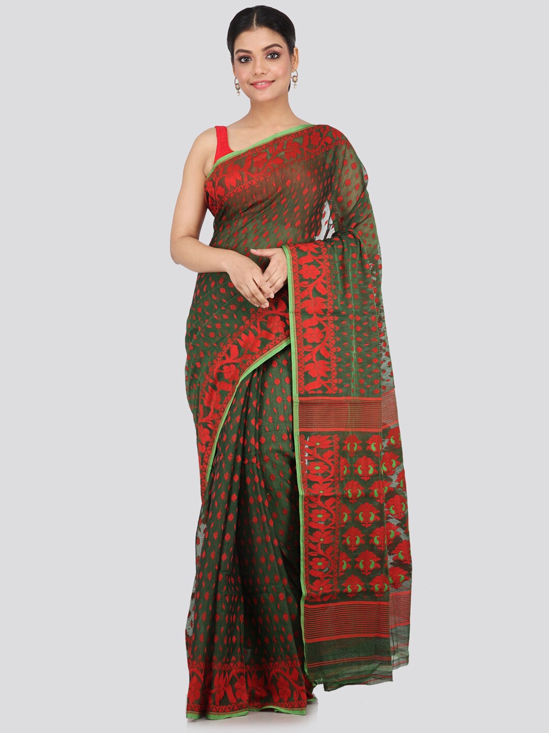 

PinkLoom Green & Red Floral Silk Cotton Jamdani Sustainable Saree