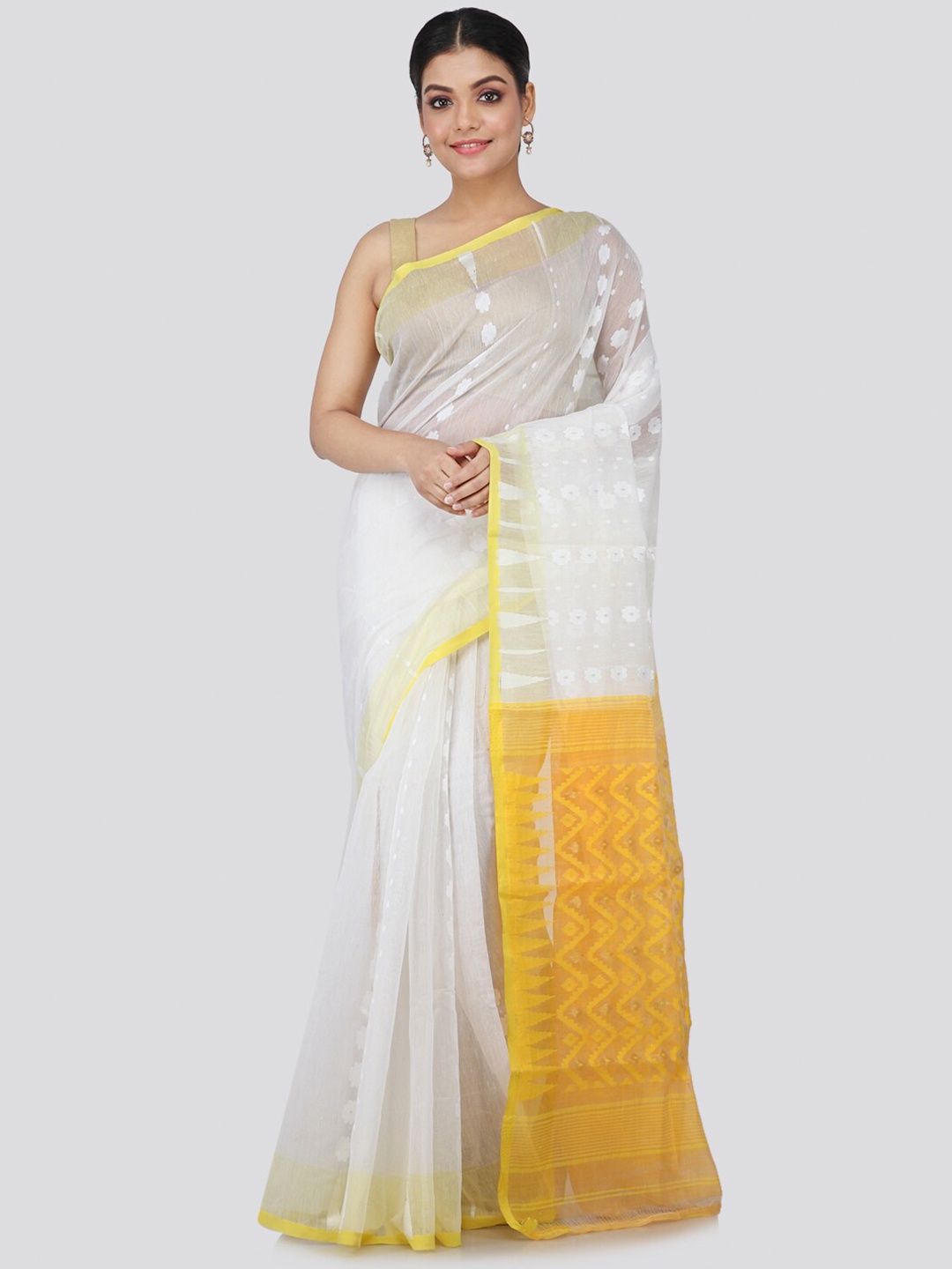 

PinkLoom White & Yellow Floral Embroidered Silk Cotton Jamdani Handloom Sustainable Saree