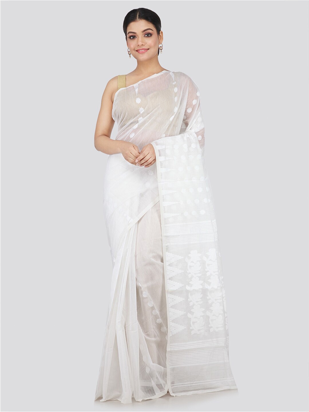 

PinkLoom White Floral Woven Design Silk Cotton Jamdani Sustainable Saree