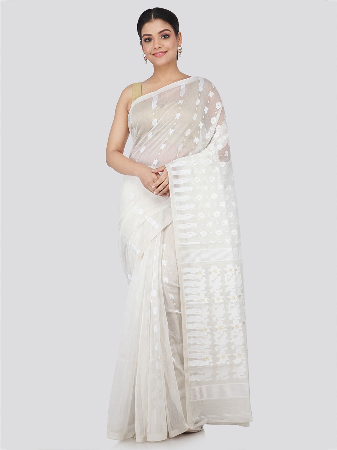 

PinkLoom Women White Silk Cotton Woven Designed Jamdani Sustainable Saree