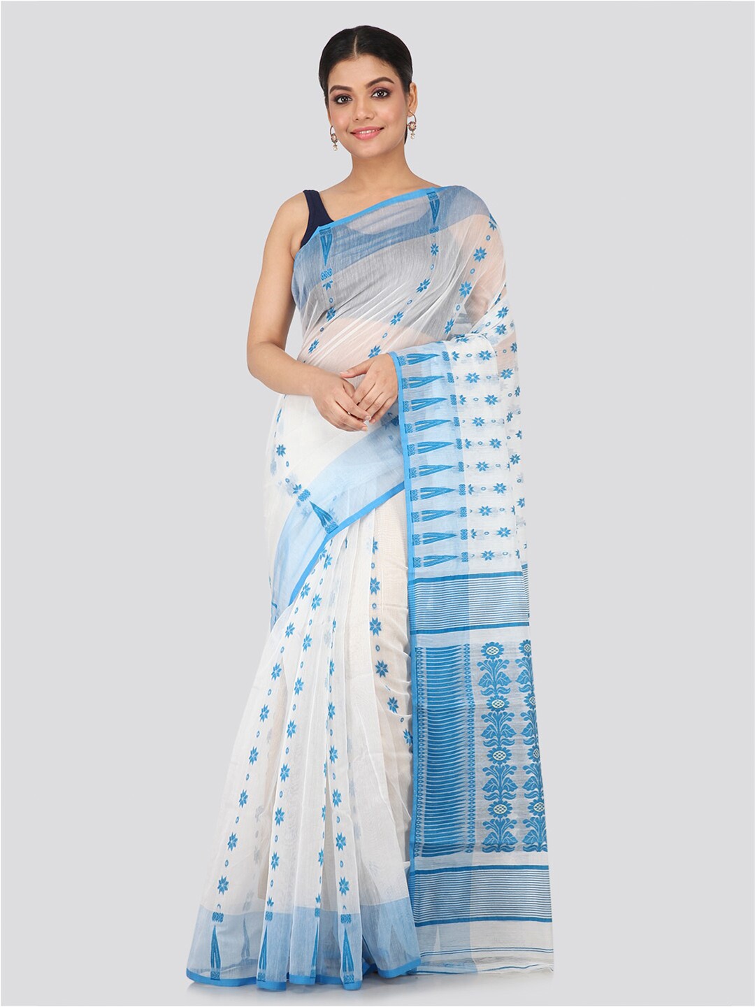 

PinkLoom White & Blue Floral Woven Design Silk Cotton Jamdani Saree