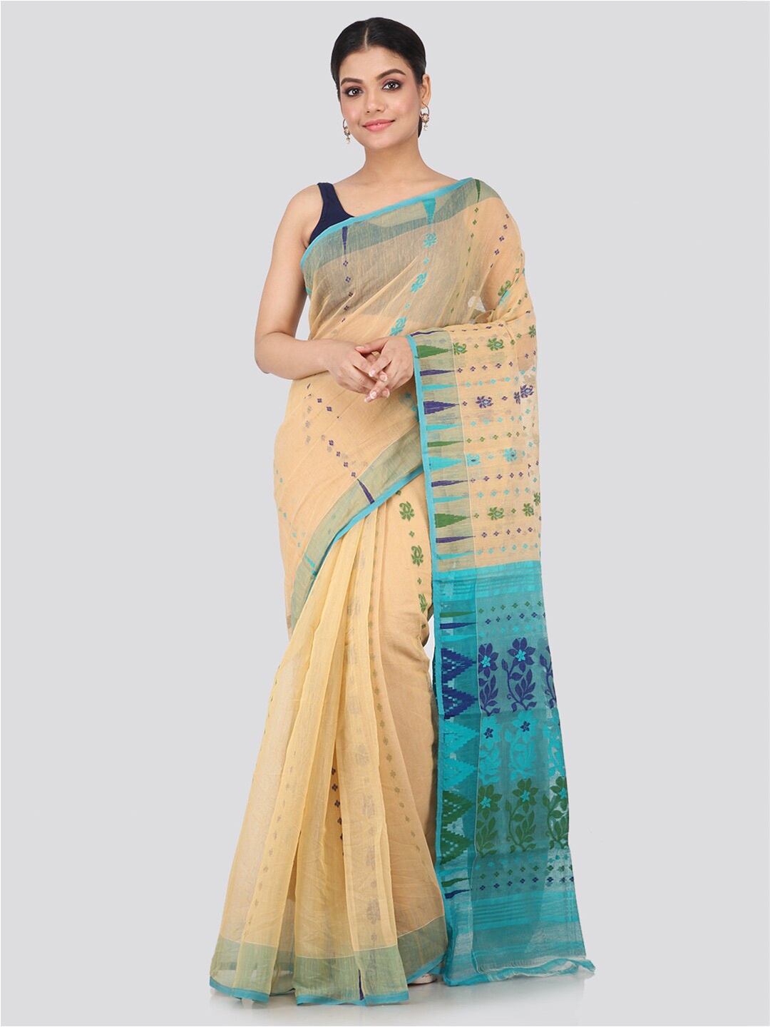 

PinkLoom Beige & Turquoise Blue Ethnic Motifs Silk Cotton Jamdani Sustainable Saree
