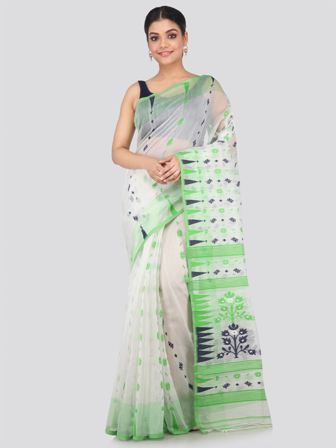 

PinkLoom White & Green Ethnic Motifs Silk Cotton Jamdani Saree