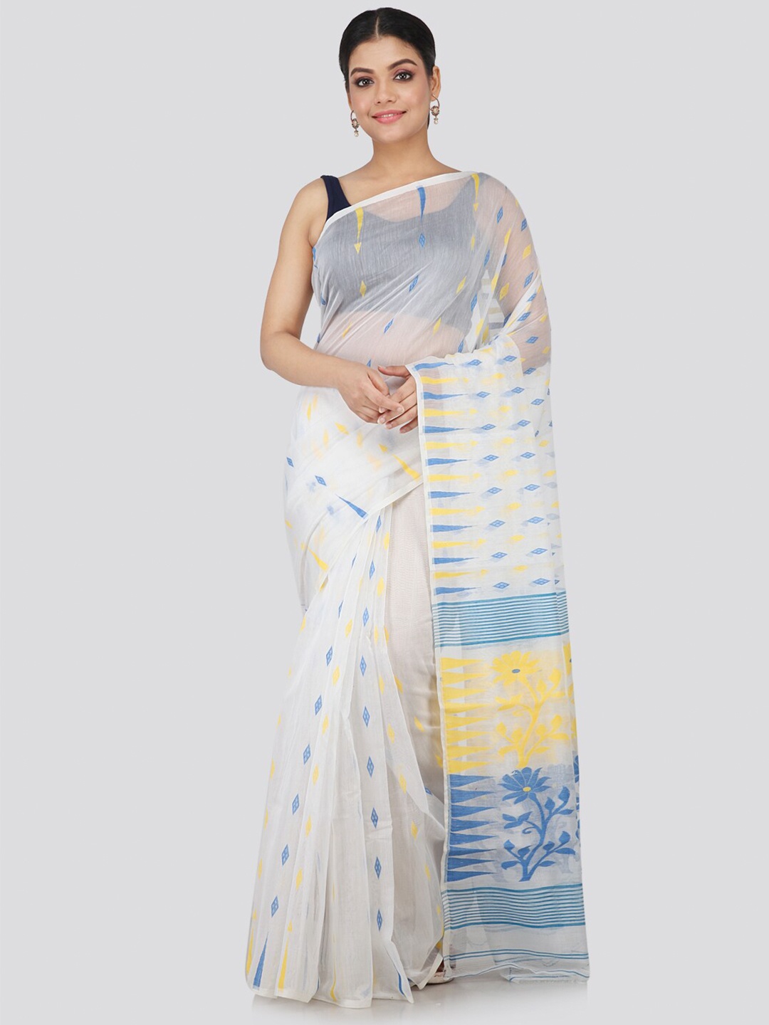 

PinkLoom White & Blue Silk Cotton Jamdani Handloom Sustainable Saree