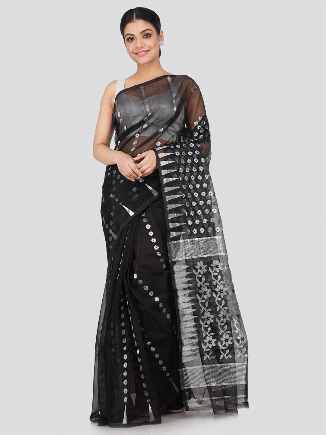

PinkLoom Black & Silver-Coloured Floral Woven Design Zari Silk Blend Jamdani Sustainable Saree
