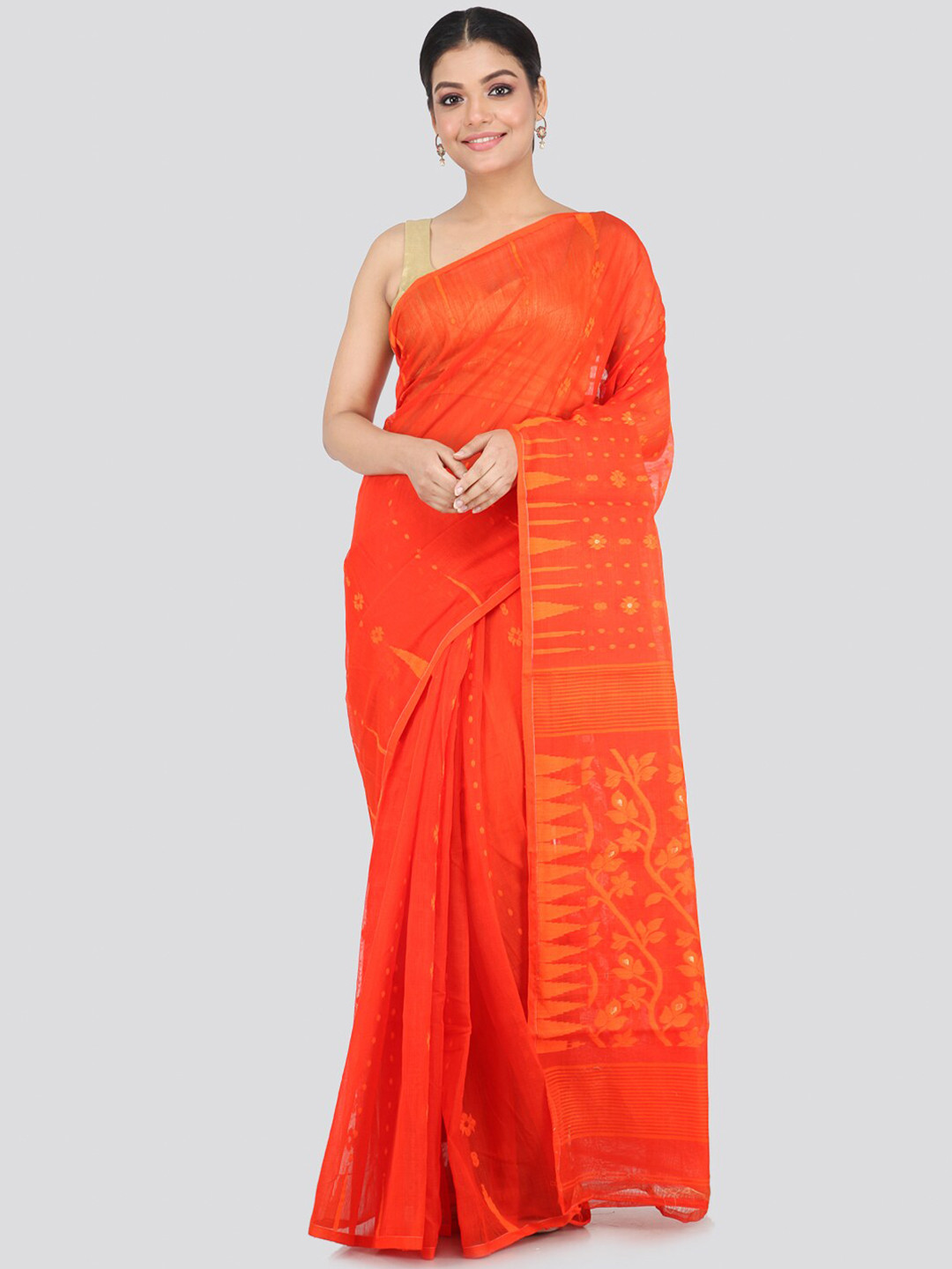 

PinkLoom Women Orange Silk Cotton Woven Designed Soft Jamdani Sustainable Saree