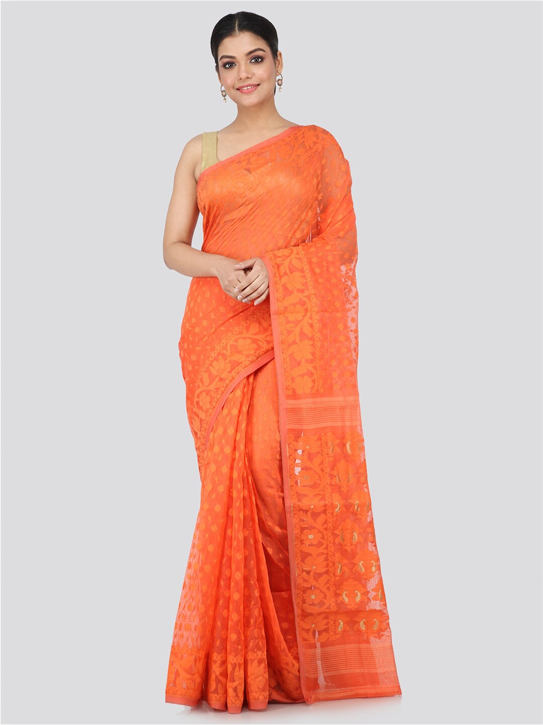 

PinkLoom Orange Floral Silk Cotton Jamdani Sustainable Saree