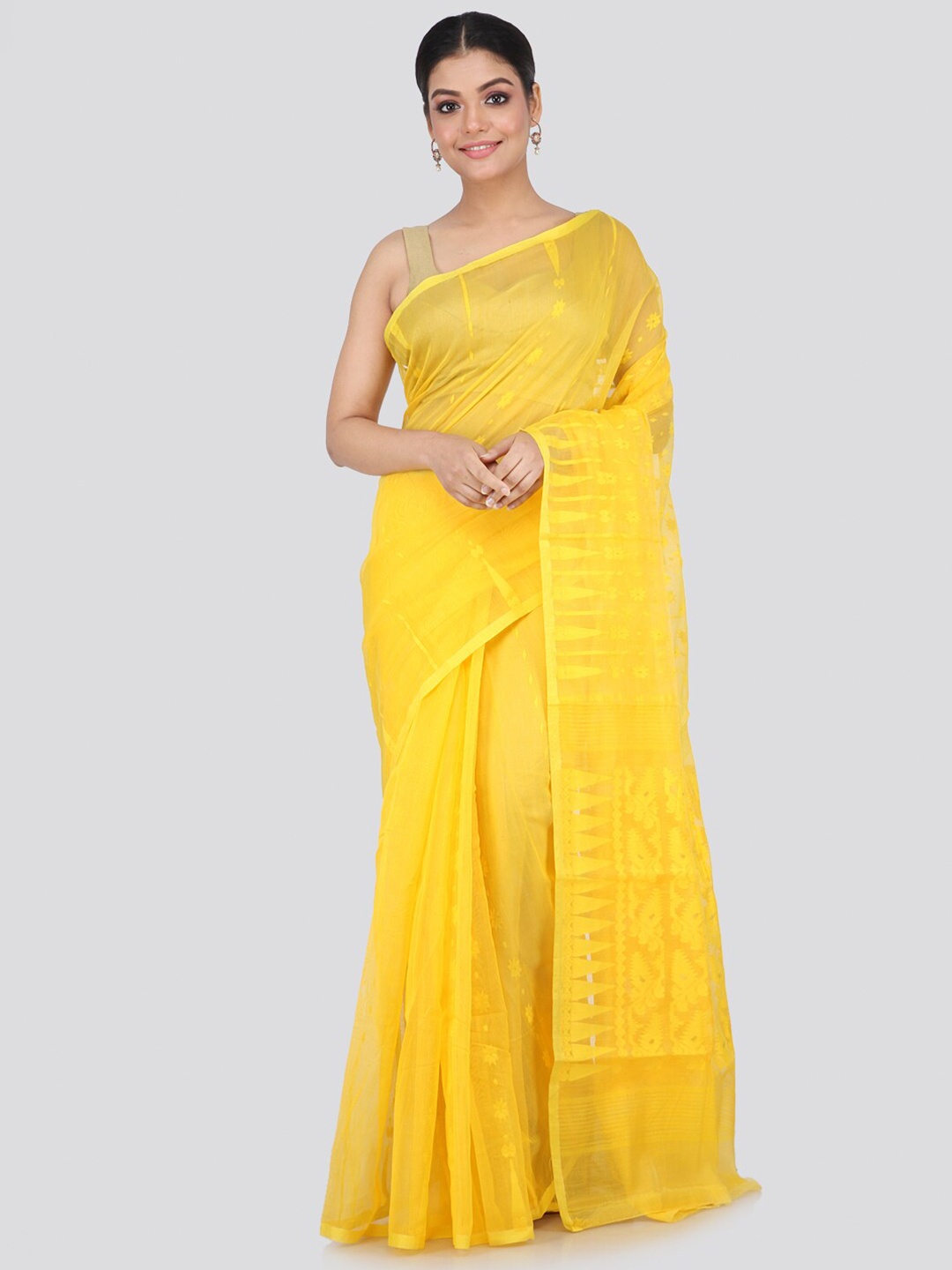 

PinkLoom Yellow Ethnic Motifs Silk Cotton Jamdani Sustainable Saree