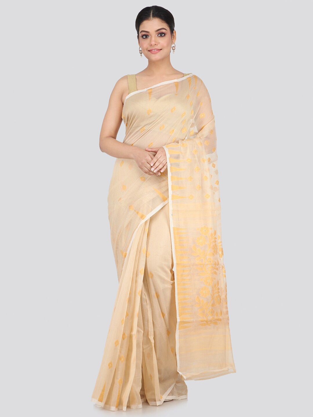 

PinkLoom Women Beige Silk Cotton Woven Designed Soft Jamdani Sustainable Saree