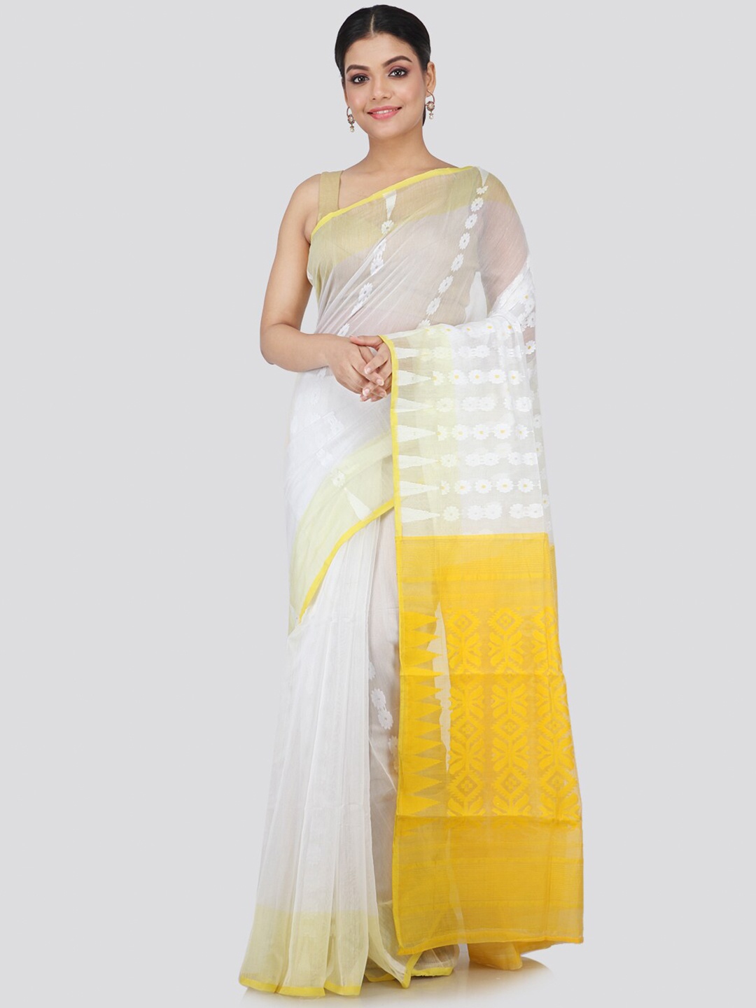 

PinkLoom White & Yellow Floral Silk Cotton Jamdani Saree