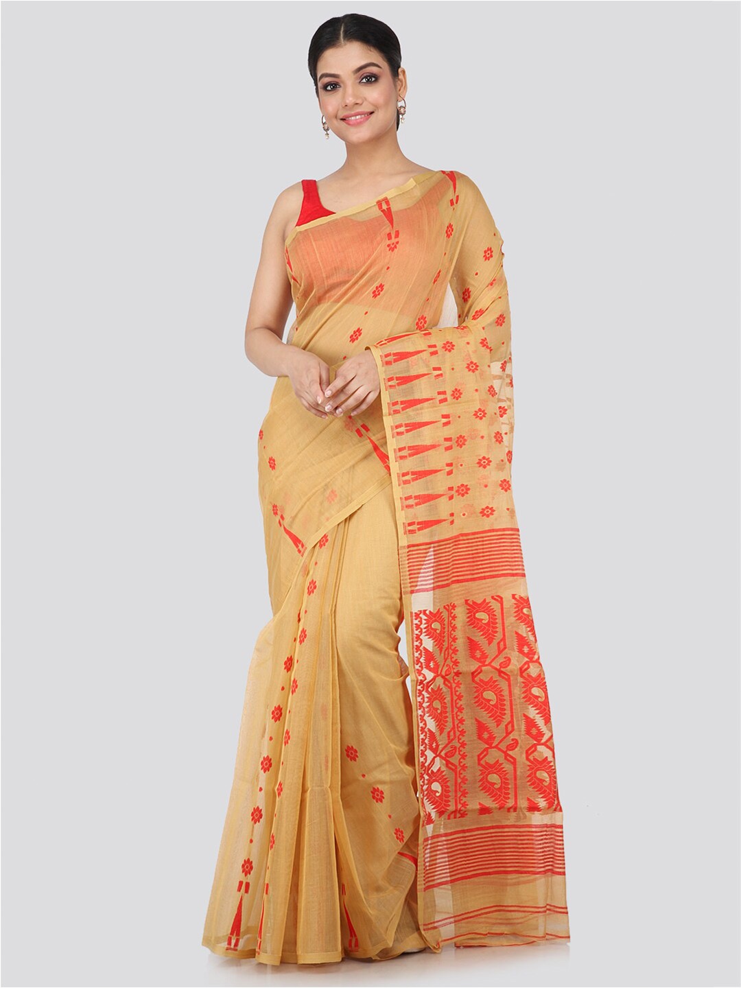 

PinkLoom Beige & Red Ethnic Motifs Silk Cotton Jamdani Sustainable Saree