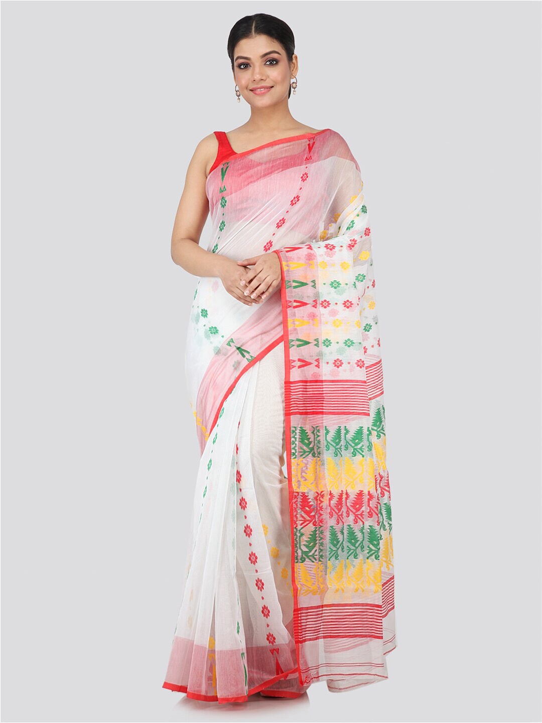 

PinkLoom White & Red Ethnic Motifs Silk Cotton Jamdani Saree