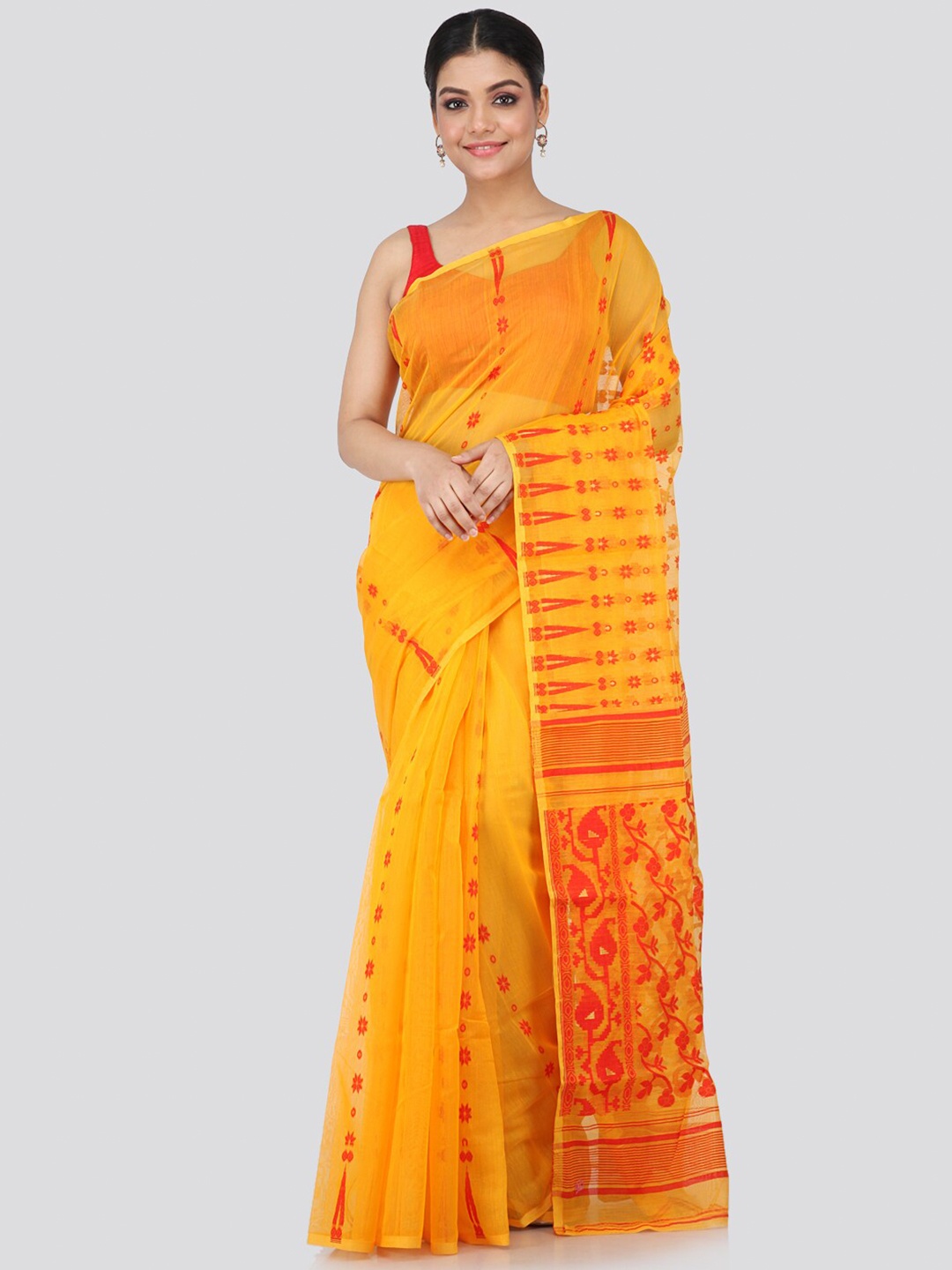 

PinkLoom Yellow & Red Woven Design Silk Cotton Jamdani Sustainable Saree