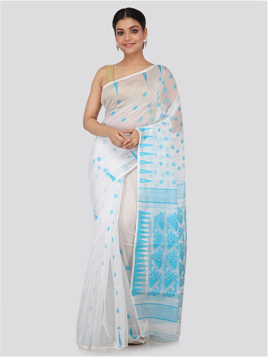 

PinkLoom White & Blue Ethnic Motifs Silk Cotton Jamdani Sustainable Saree