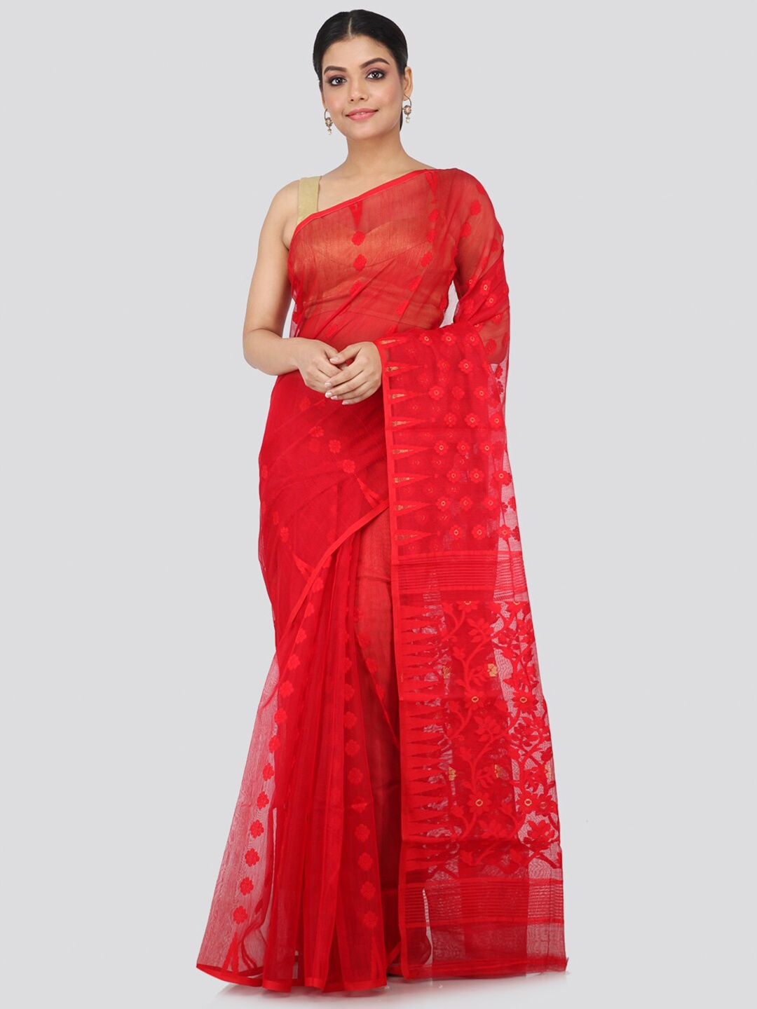 

PinkLoom Red Floral Woven Design Silk Cotton Jamdani Sustainable Saree