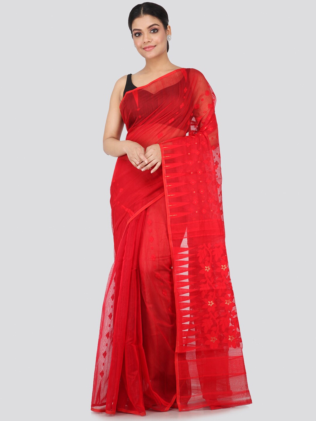

PinkLoom Red Silk Cotton Jamdani Handloom Sustainable Saree