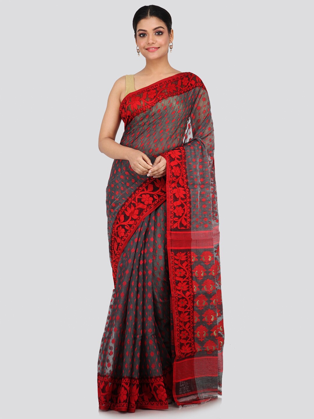 

PinkLoom Grey & Red Ethnic Motifs Woven Design Silk Cotton Jamdani Sustainable Saree