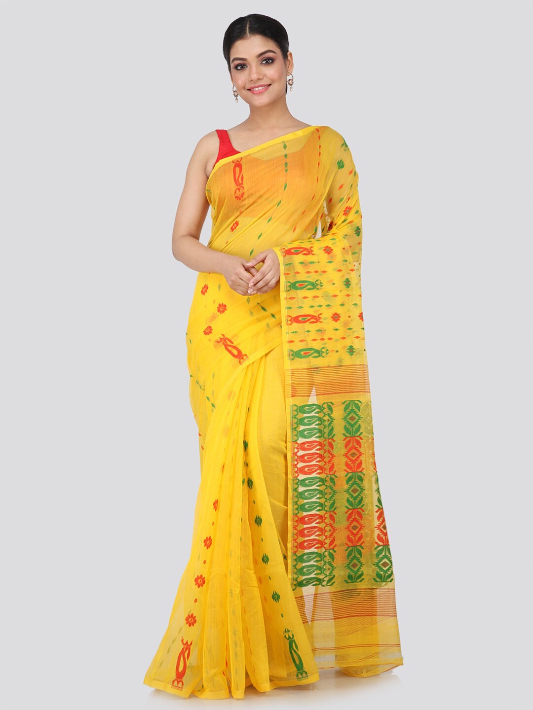 

PinkLoom Yellow & Green Ethnic Motifs Silk Cotton Jamdani Sustainable Saree