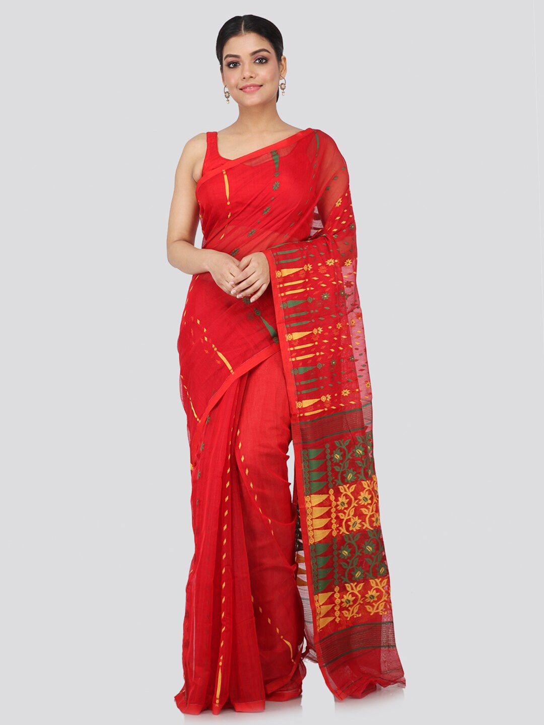 

PinkLoom Women Red Silk Cotton Woven Designed Soft Jamdani Sustainable Saree