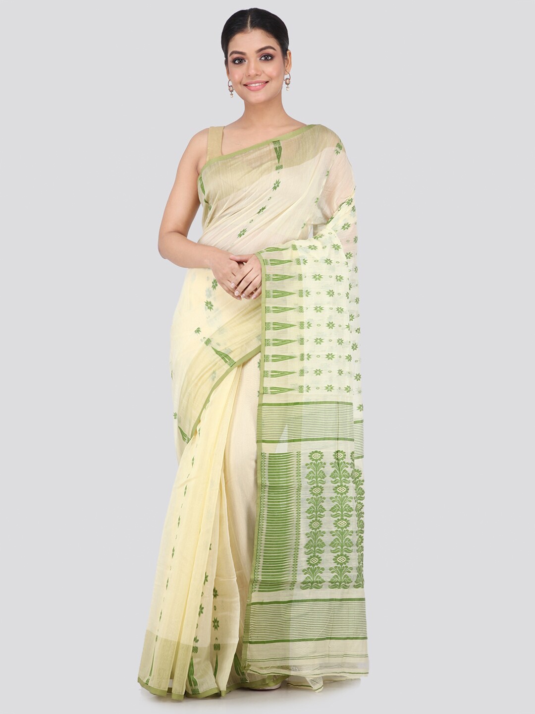 

PinkLoom Beige & Green Floral Silk Cotton Jamdani Handloom Saree