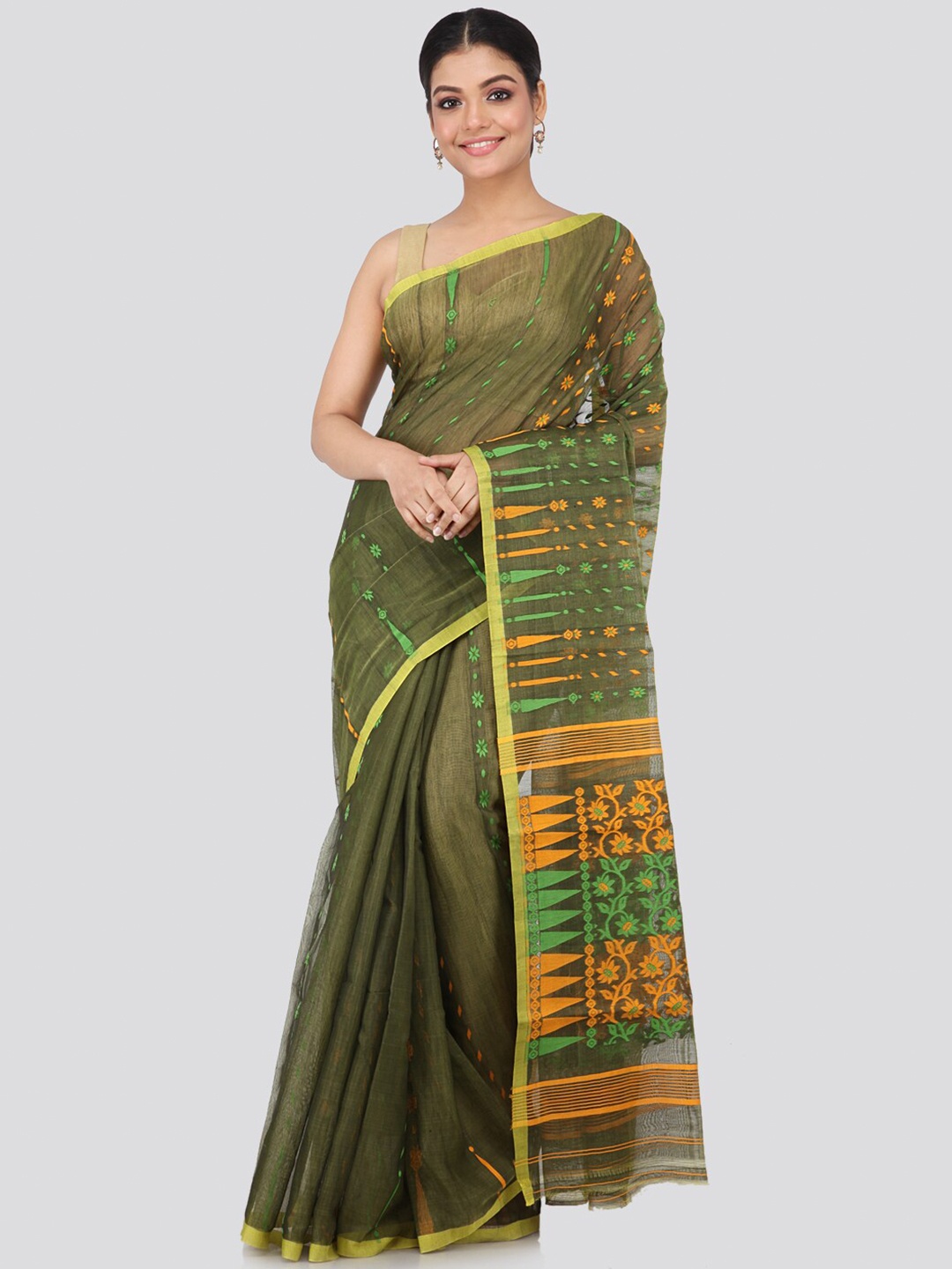 

PinkLoom Green & Orange Floral Woven Design Silk Cotton Jamdani Sustainable Saree