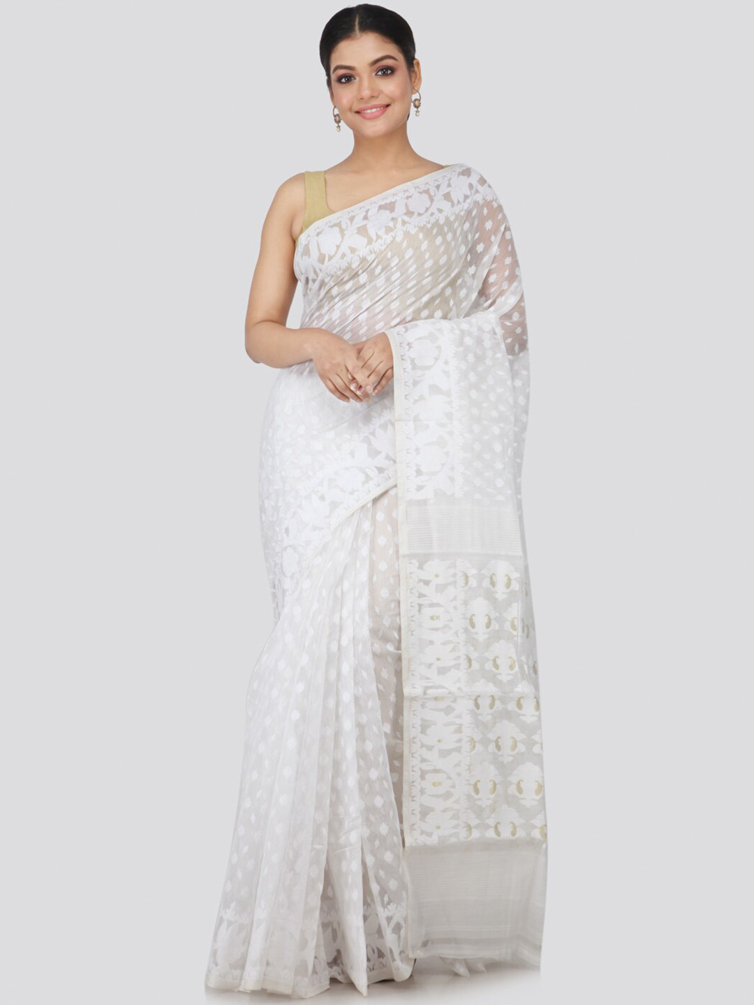 

PinkLoom White Woven Design Silk Cotton Jamdani Sustainable Saree