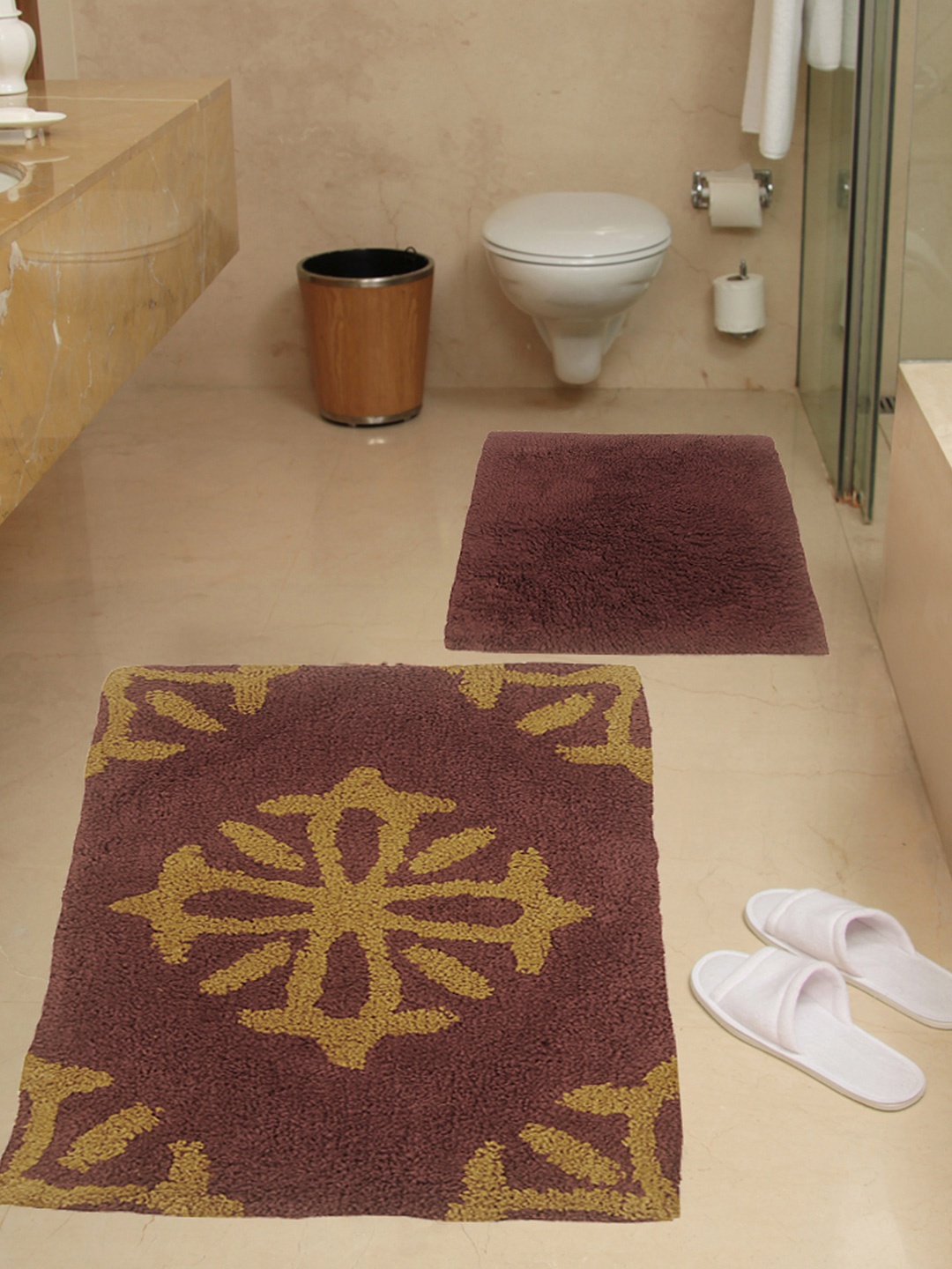 

BIANCA Brown Set of 2 Patterned Cotton Rectangular Antiskid Bath Rugs