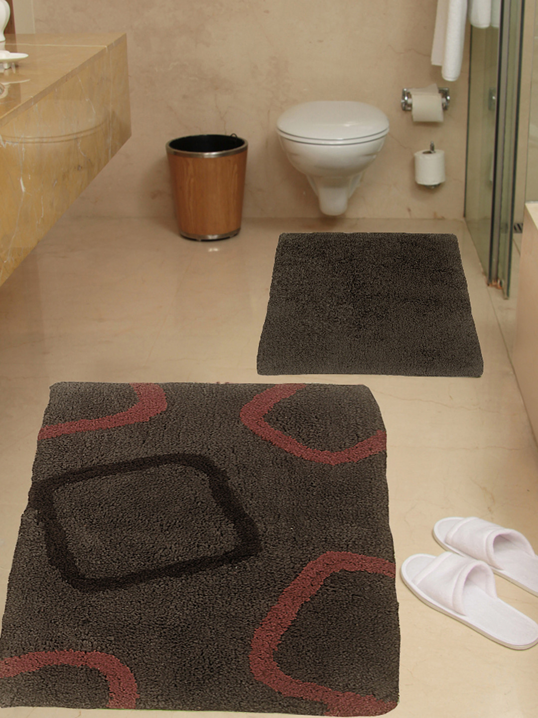 

BIANCA Brown Set of 2 Patterned Cotton Rectangular Antiskid Bath Rugs