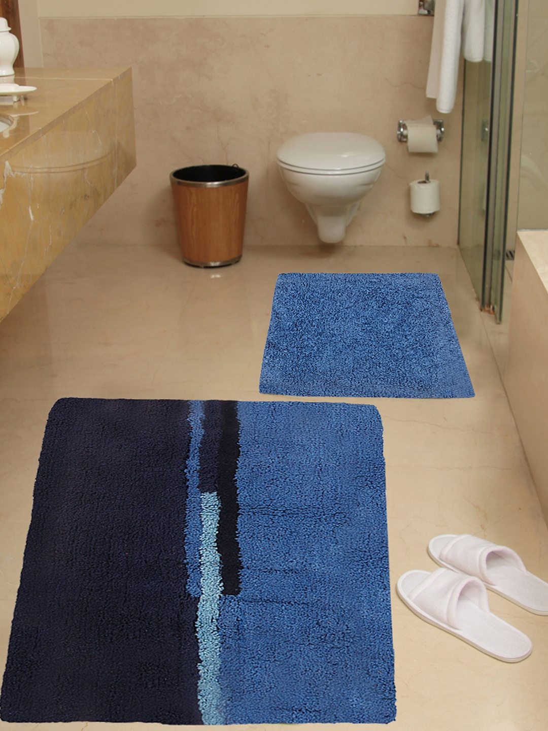 

BIANCA Blue Set of 2 Patterned Cotton Rectangular Antiskid Bath Rugs