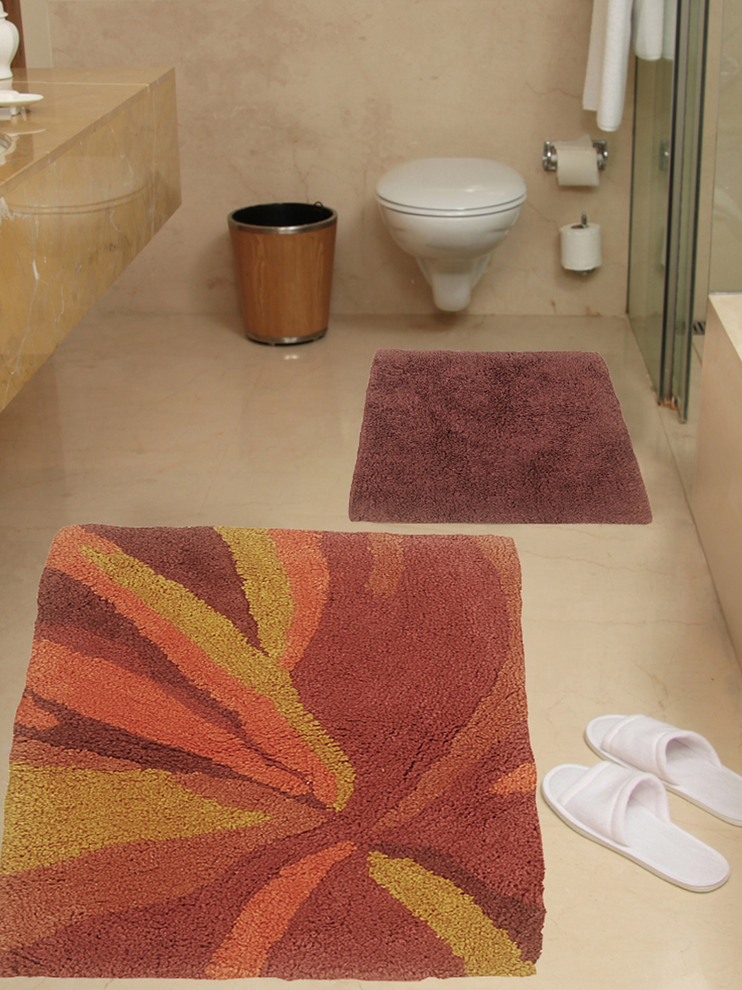 

BIANCA Brown Set of 2 Patterned Cotton Rectangular Antiskid Bath Rugs