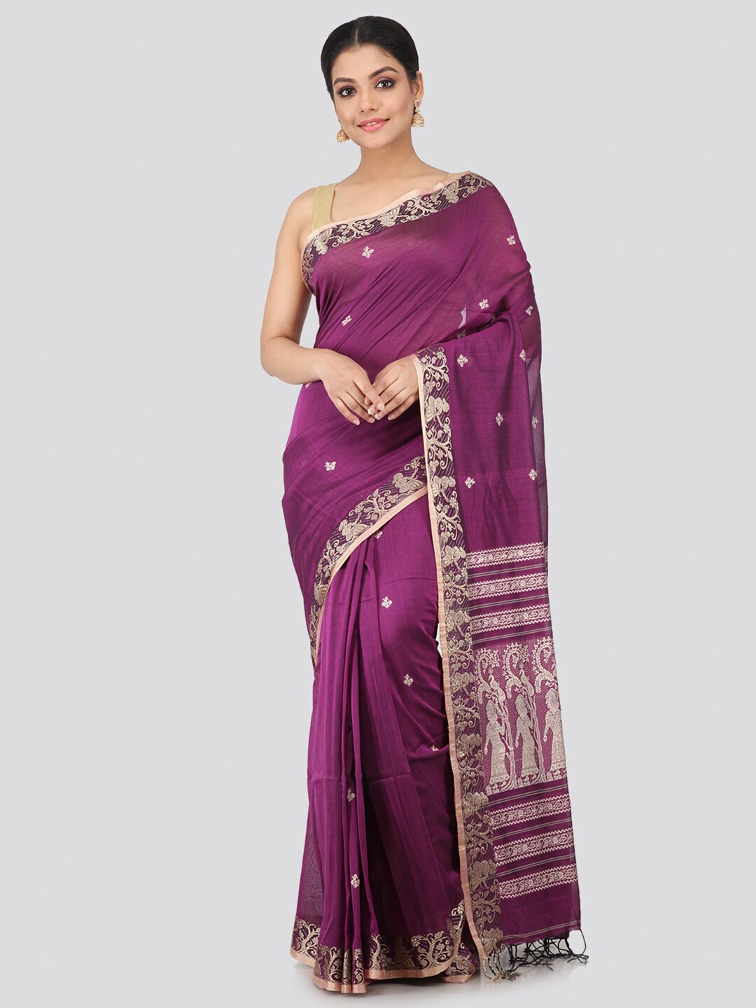 

PinkLoom Violet & Gold Ethnic Motifs Zari Pure Cotton Sustainable Saree