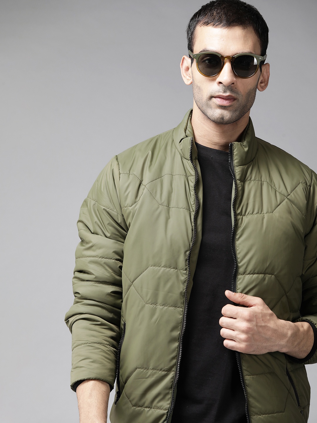 

Roadster Men Olive Green Solid Padded Jacket