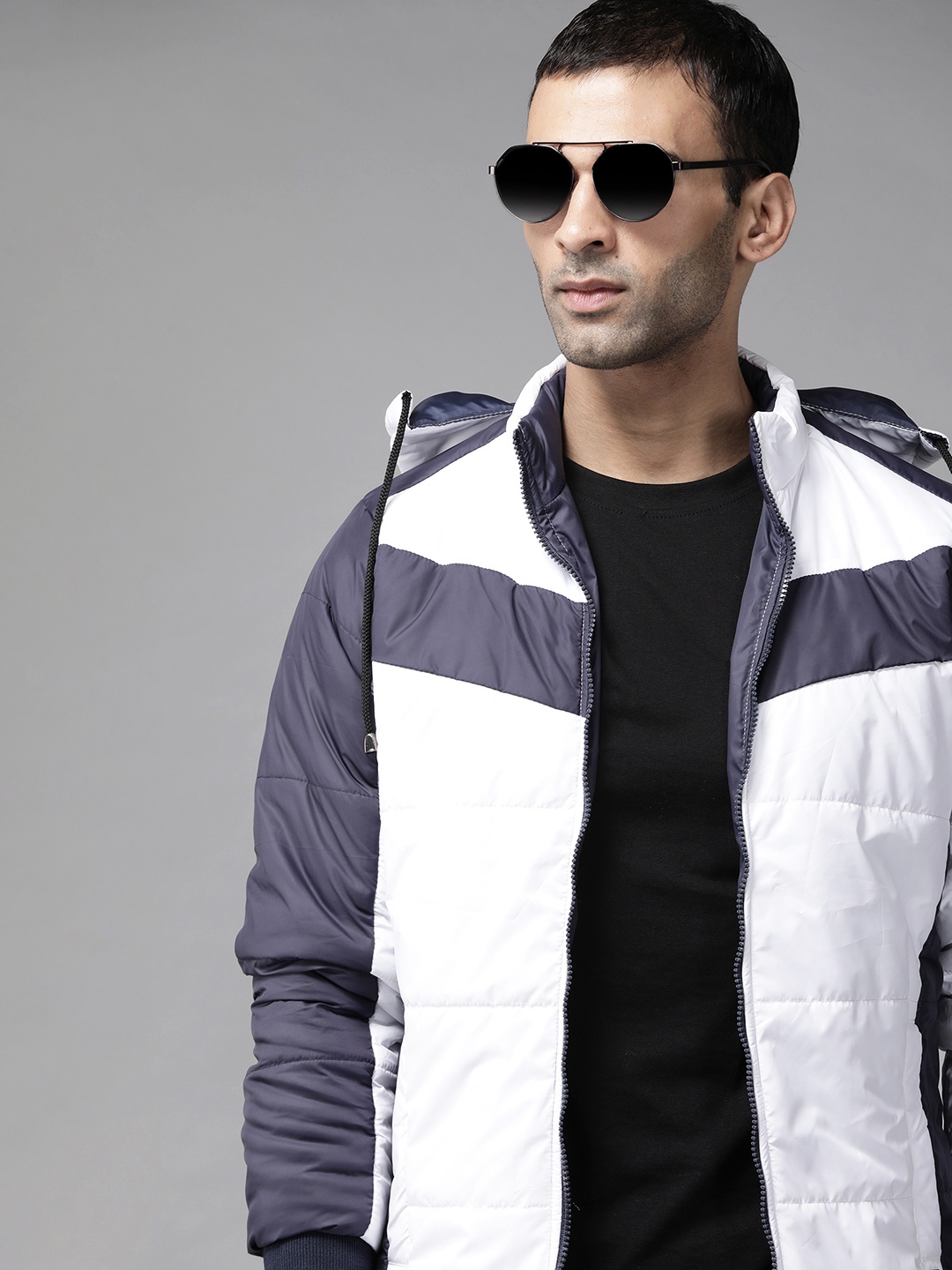 

Roadster Men White & Navy Blue Colourblocked Hooded Padded Jacket