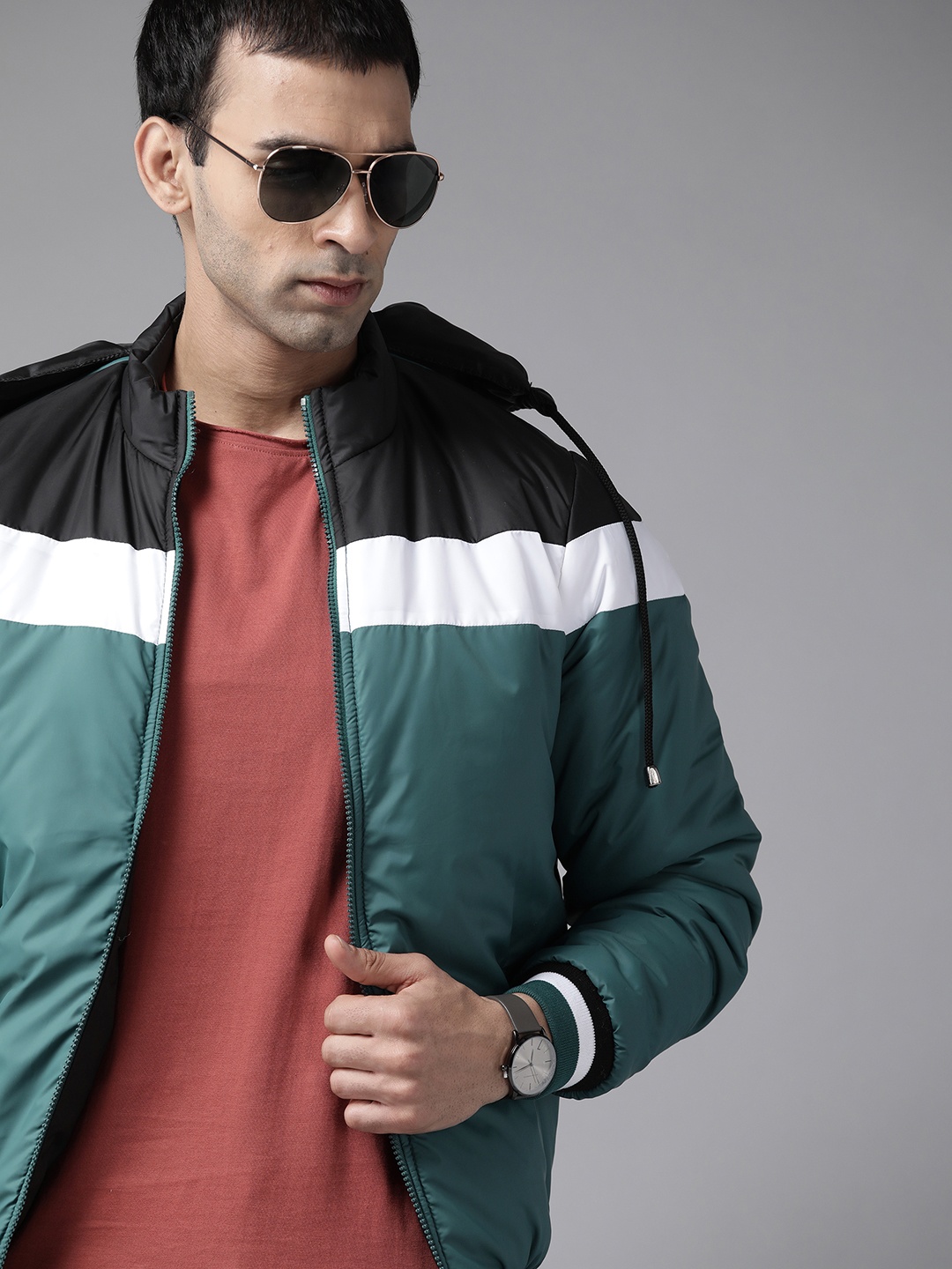 

Roadster Men Teal White Colourblocked Padded Hooded Jacket