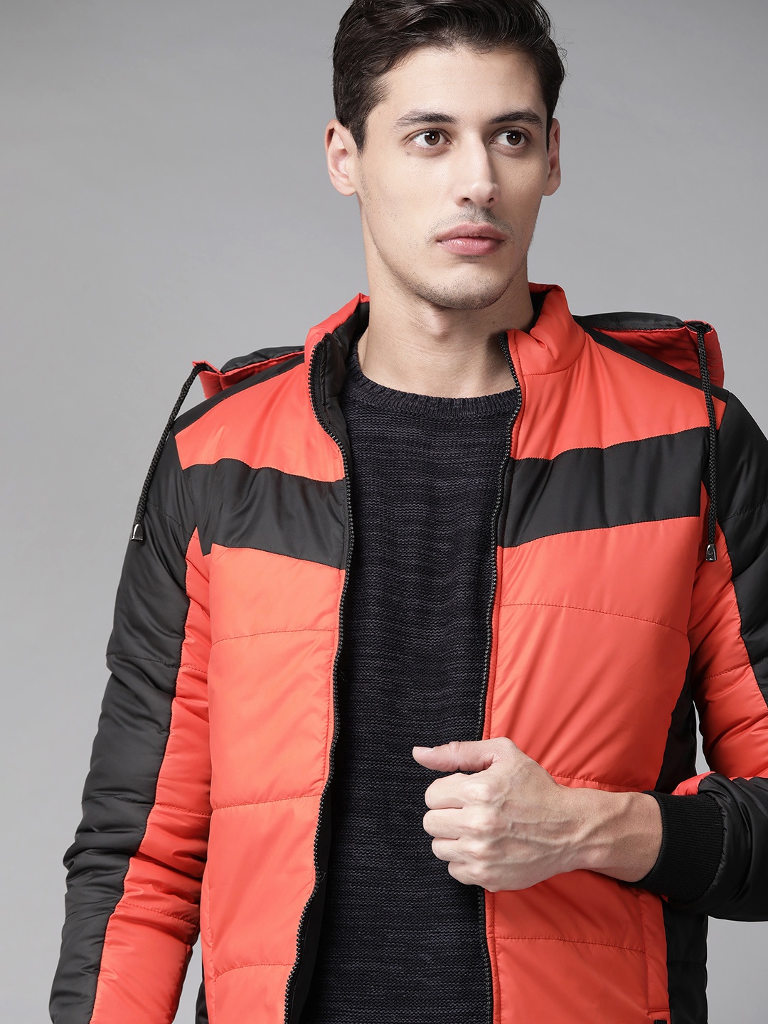 

Roadster Men Red & Black Colourblocked Hooded Padded Jacket