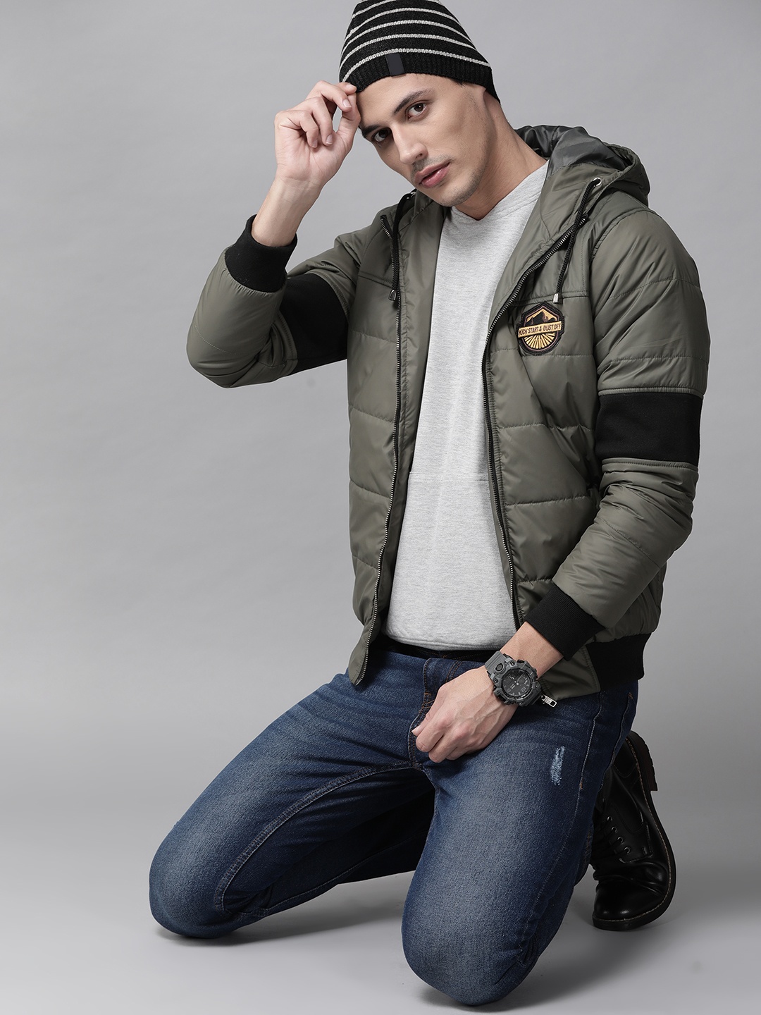 

Roadster Men Olive Green Padded Jacket with Patchwork