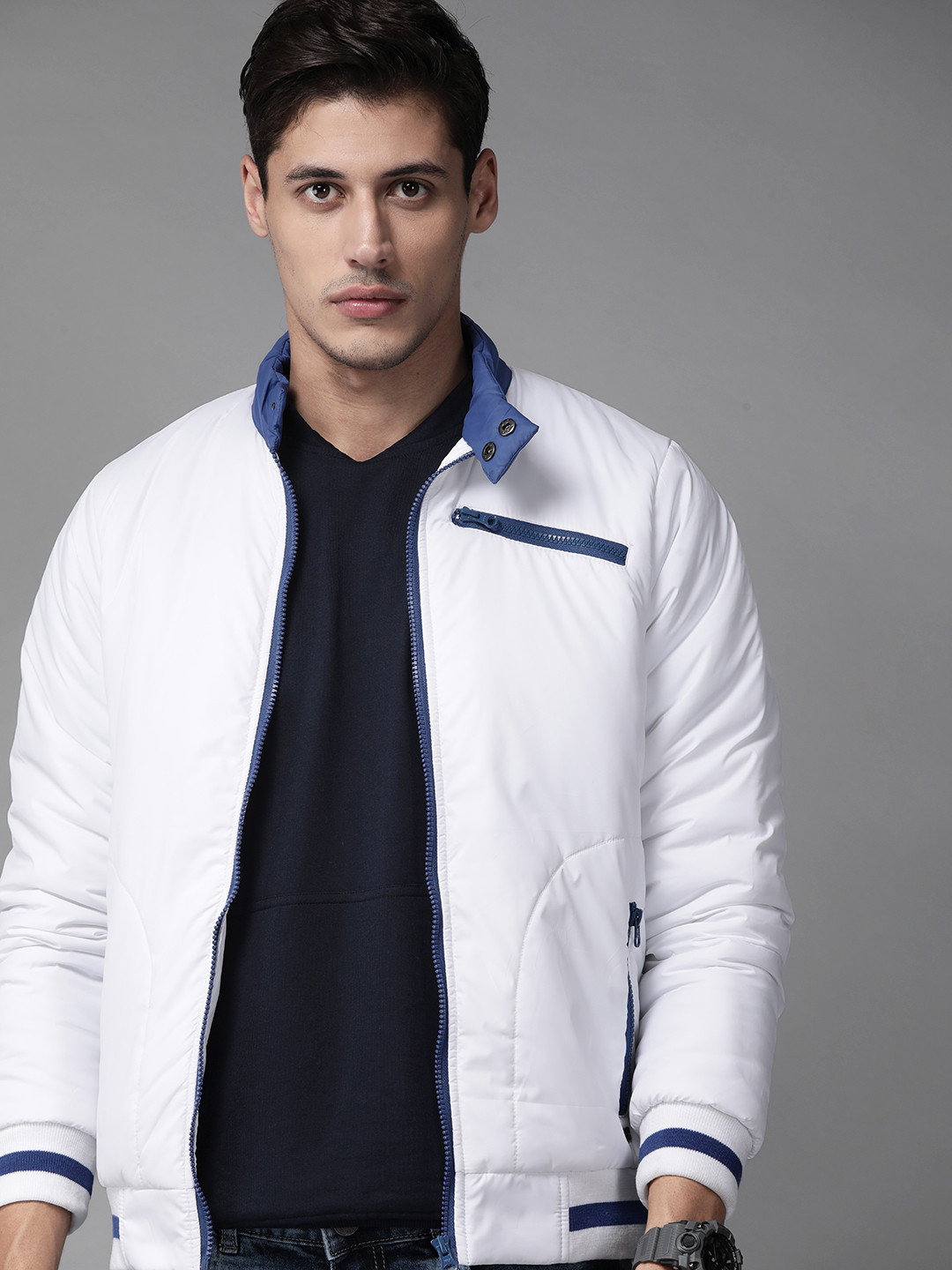 

Roadster Men White & Blue Padded Jacket