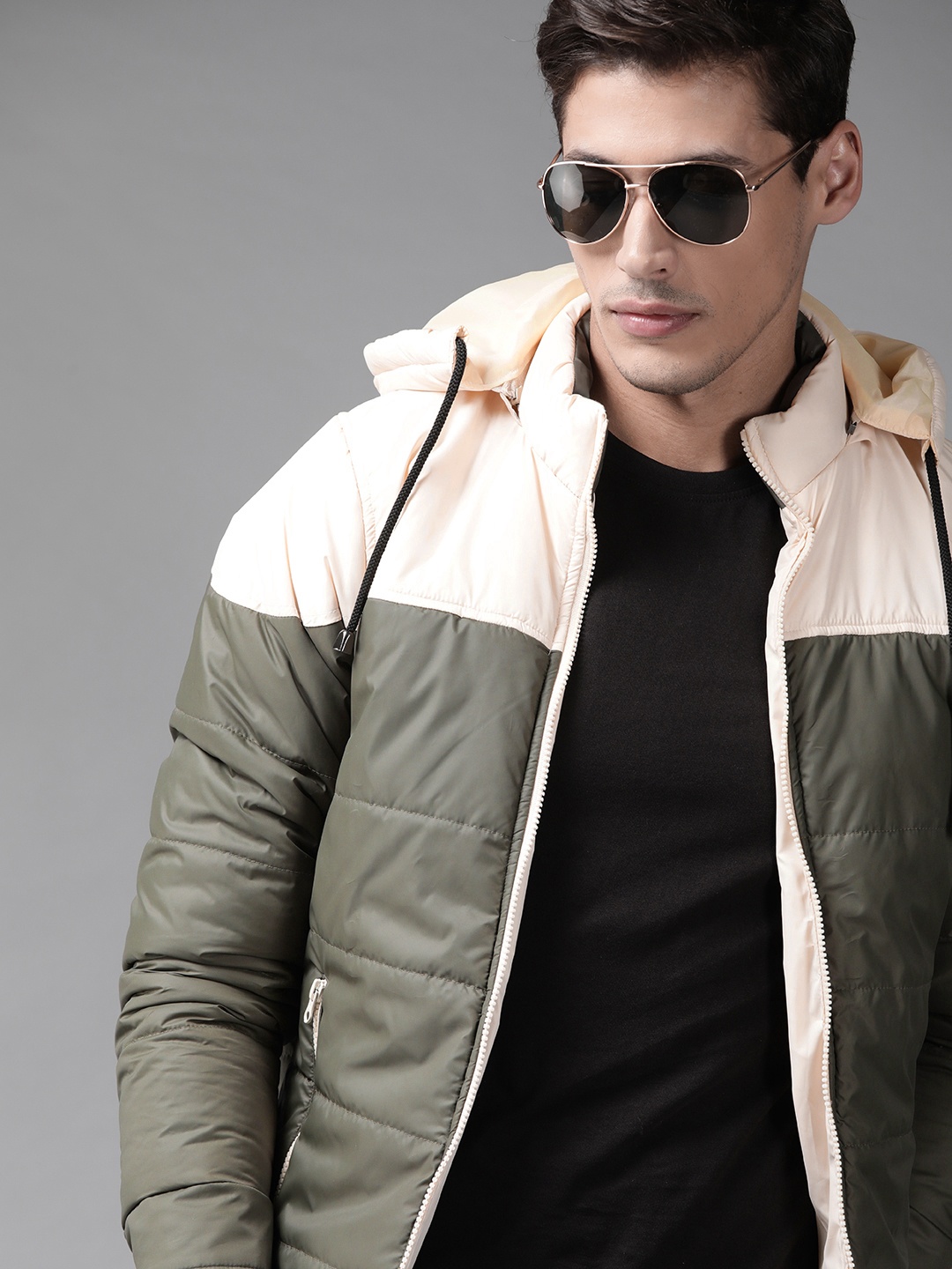 

Roadster Men Olive Green Cream-Coloured Colourblocked Padded Jacket