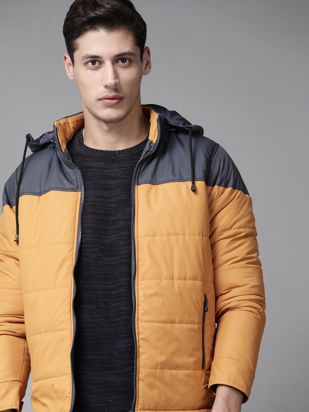 

Roadster Men Mustard Yellow & Navy Blue Colourblocked Padded Detachable Hood Jacket